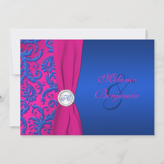 Cobalt und Fuchsia Damask Einladung zur Hochzeit (Vorderseite)