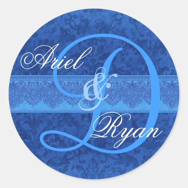 Cobalt und Sky Blue Damask Wedding Monogram V2 Runder Aufkleber (Vorderseite)