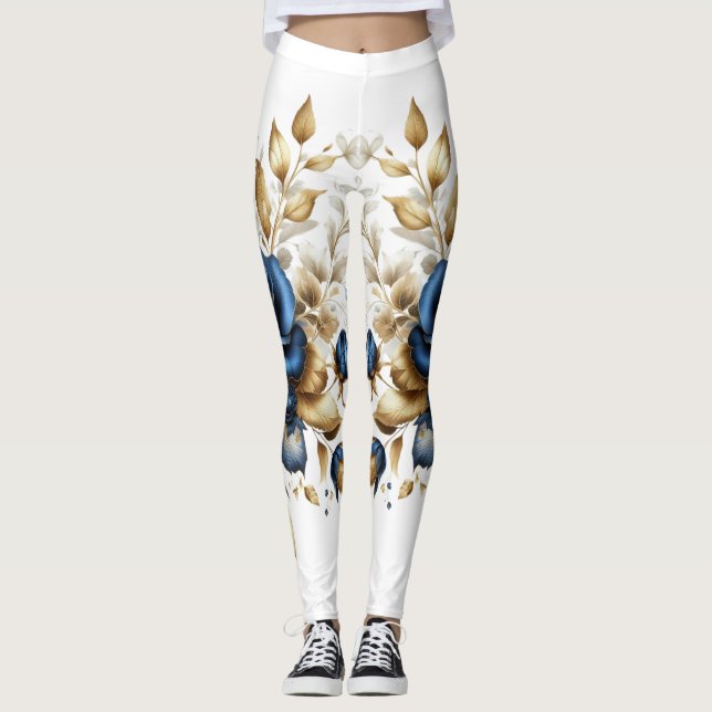 Cobalt White Flowers Leggings (Vorderseite)