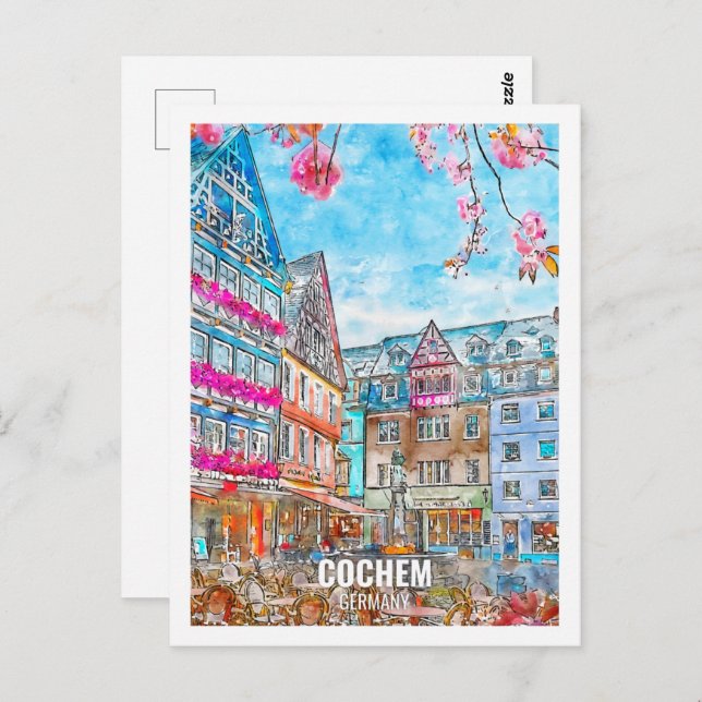 Cochem Germany Travel Place Watercolor Postkarte (Vorne/Hinten)