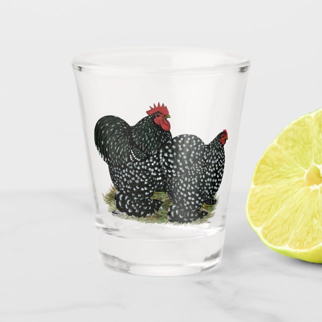 Cochin Mottles Chickens Schnapsglas (Vorderseite)