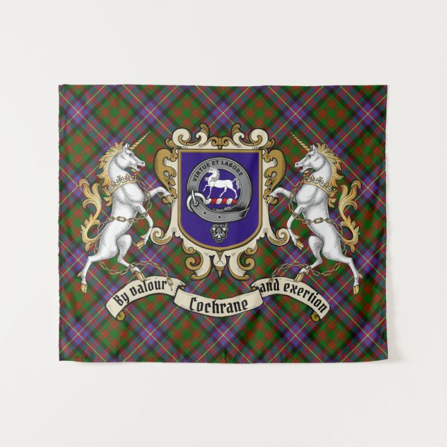 Cochrane Clan Abzeichen & Unicorns mit Tartan Wandteppich (Vorderseite (Horizontal))