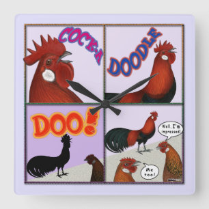 Cock-A-Doodle-Doo! Quadratische Wanduhr