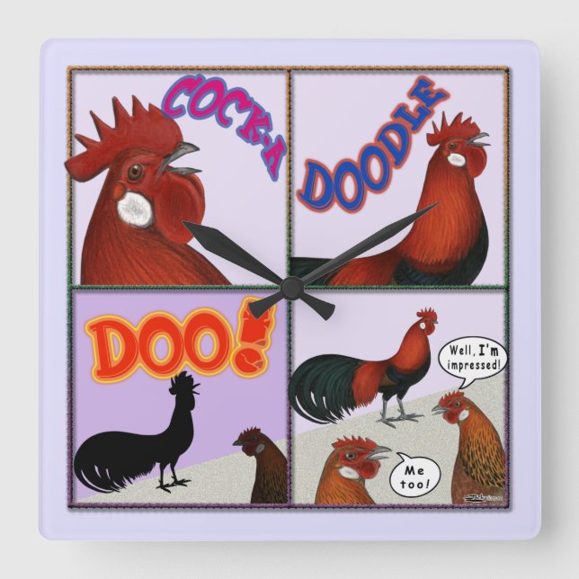 Cock-A-Doodle-Doo! Quadratische Wanduhr (Vorderseite)