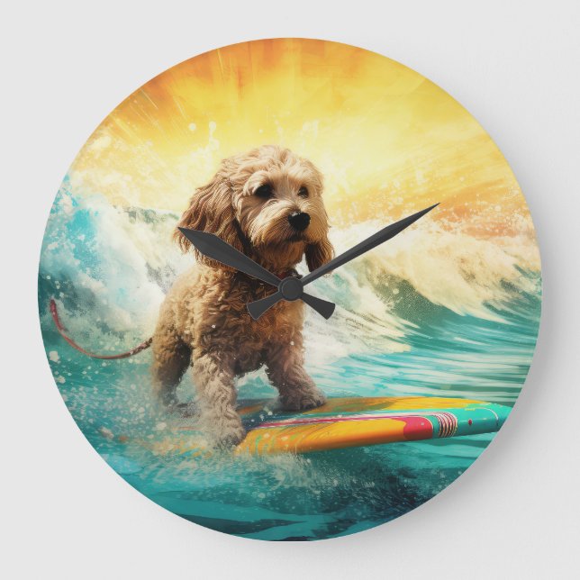 Cockapoo Beach Surfgrafik Große Wanduhr (Vorderseite)