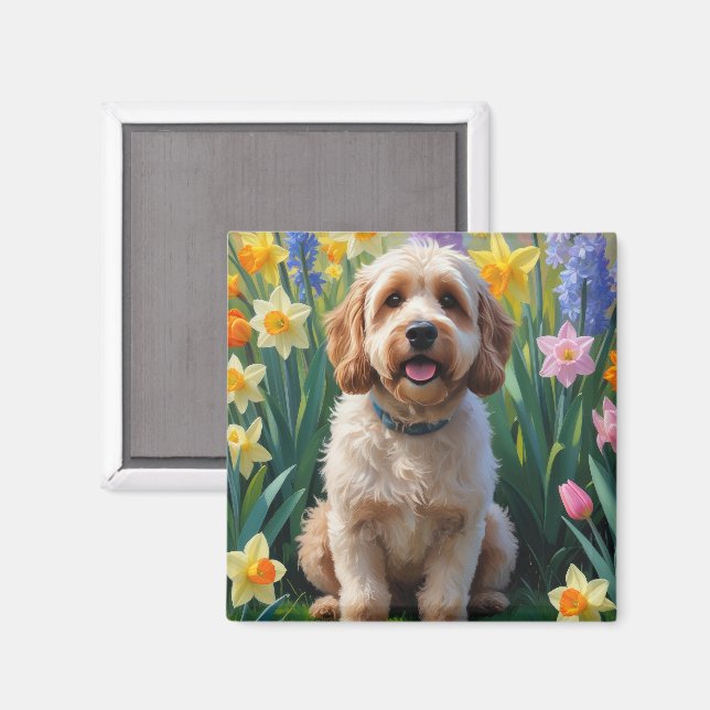Cockapoo Dog Frühlingsblumen Malerei Magnet (Vorderseite/Rückseite)