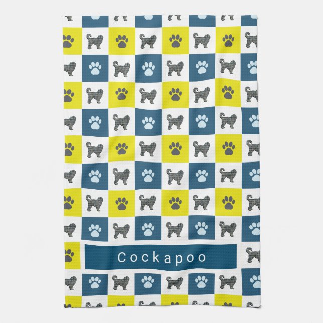 Cockapoo Dog & Paw Gelb & Blau Grid Geschirrtuch (Vertikal)