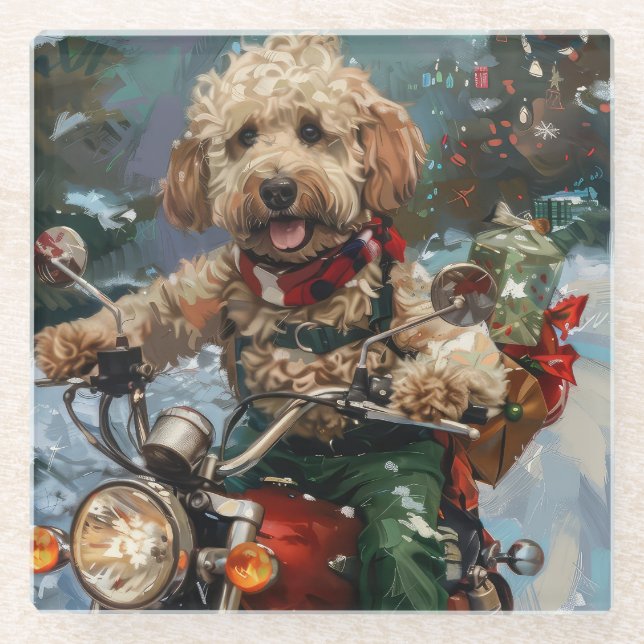 Cockapoo Dog Reiten Motorrad Weihnachten Glasuntersetzer (Vorderseite)