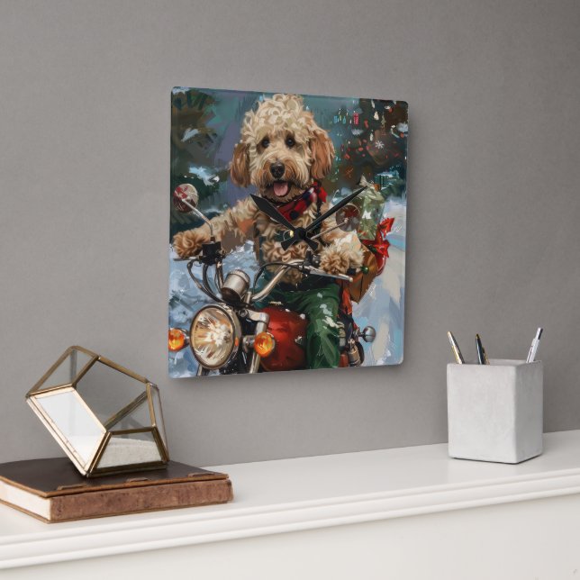 Cockapoo Dog Reiten Motorrad Weihnachten Quadratische Wanduhr (Büro)