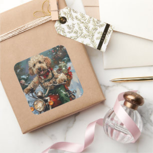 Cockapoo Dog Reiten Motorrad Weihnachten Quadratischer Aufkleber