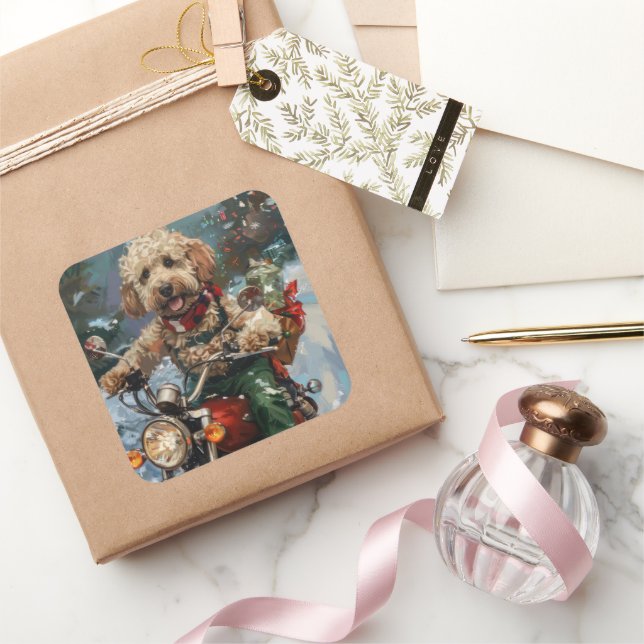 Cockapoo Dog Reiten Motorrad Weihnachten Quadratischer Aufkleber (Schenken)