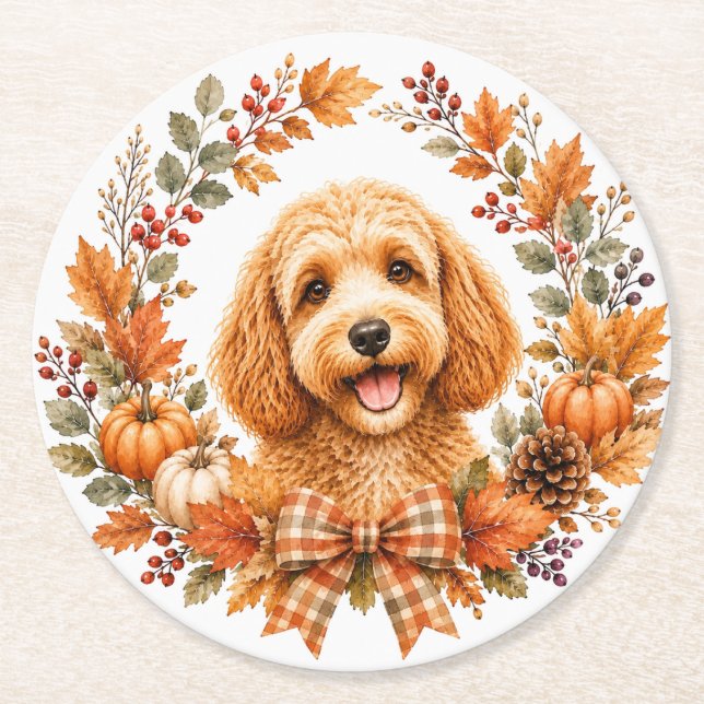 Cockapoo-Herbstkranz-Untersetzer Runder Pappuntersetzer (Vorderseite)
