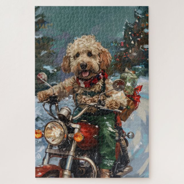 Cockapoo-Hund fährt Motorrad Weihnachten Puzzle (Vertikal)