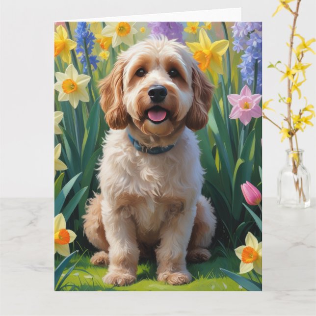 Cockapoo-Hund Frühlingsblumen Malerei Karte (Gelbe Blume)