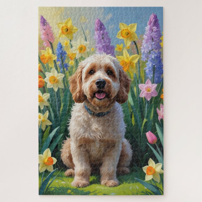 Cockapoo-Hund-Frühlingsblumen-Malerei Puzzle (Vertikal)