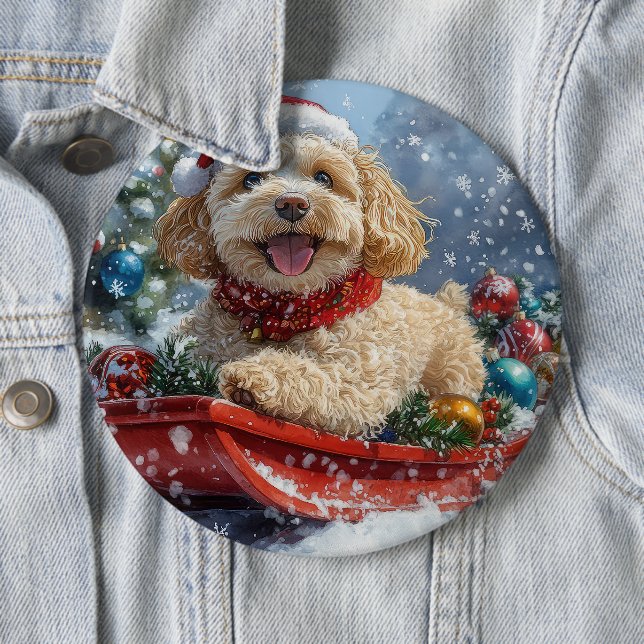 Cockapoo-Hund im Schlitten Lass es schneien Weihna Button (Beispiel)