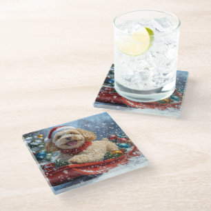 Cockapoo-Hund im Schlitten Lass es schneien Weihna Glasuntersetzer