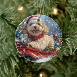 Cockapoo-Hund im Schlitten Lass es schneien Weihna Keramik Ornament