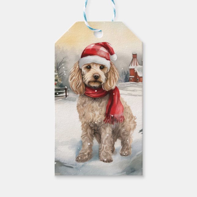 Cockapoo Hund im Schnee Weihnachten Geschenkanhänger (Vorderseite)