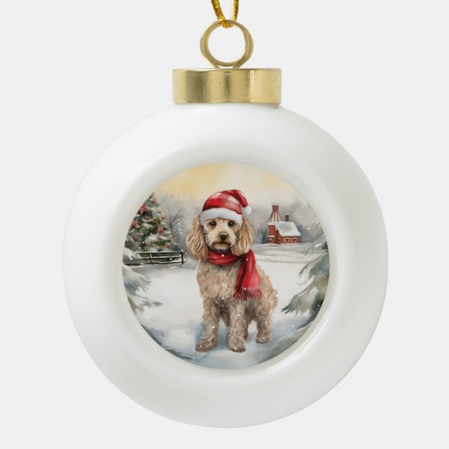 Cockapoo Hund im Schnee Weihnachten Keramik Kugel-Ornament (Vorderseite)