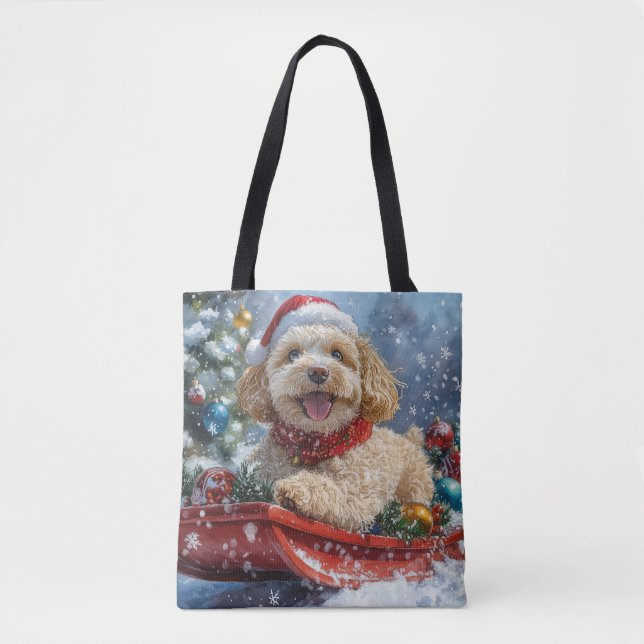Cockapoo Hund in Sledge Lass es Schnee Weihnachten (Vorderseite)