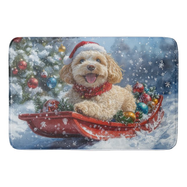 Cockapoo Hund in Sledge Lass es Schnee Weihnachten Badematte (Vorderseite)