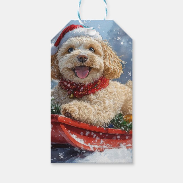 Cockapoo Hund in Sledge Lass es Schnee Weihnachten Geschenkanhänger (Vorderseite)