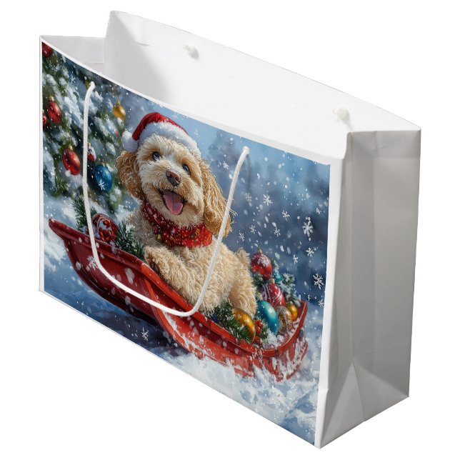 Cockapoo Hund in Sledge Lass es Schnee Weihnachten Große Geschenktüte (Vorderseite Schrägansicht)