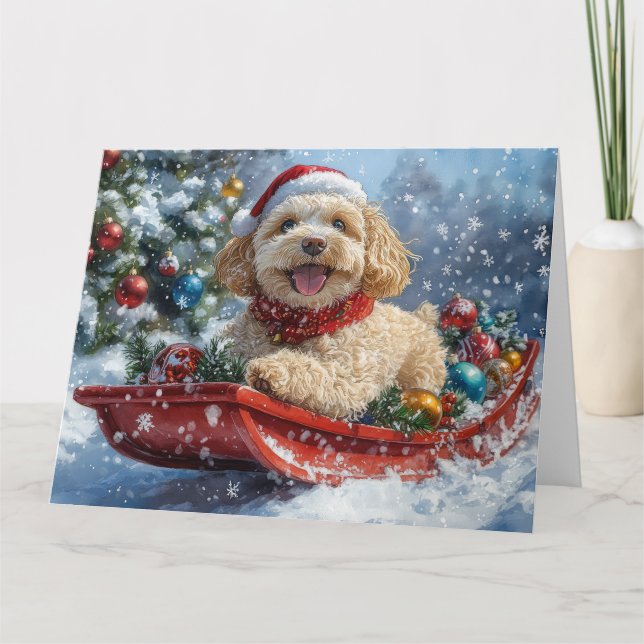 Cockapoo Hund in Sledge Lass es Schnee Weihnachten Karte (Vorderseite)