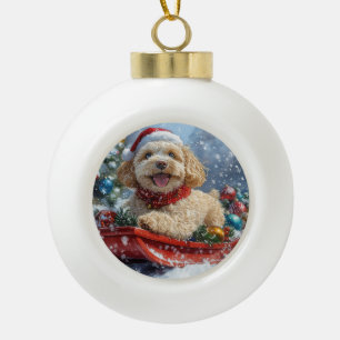 Cockapoo Hund in Sledge Lass es Schnee Weihnachten Keramik Kugel-Ornament