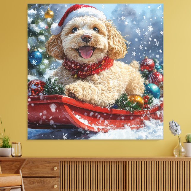 Cockapoo Hund in Sledge Lass es Schnee Weihnachten Leinwanddruck (Insitu (Wohnzimmer))