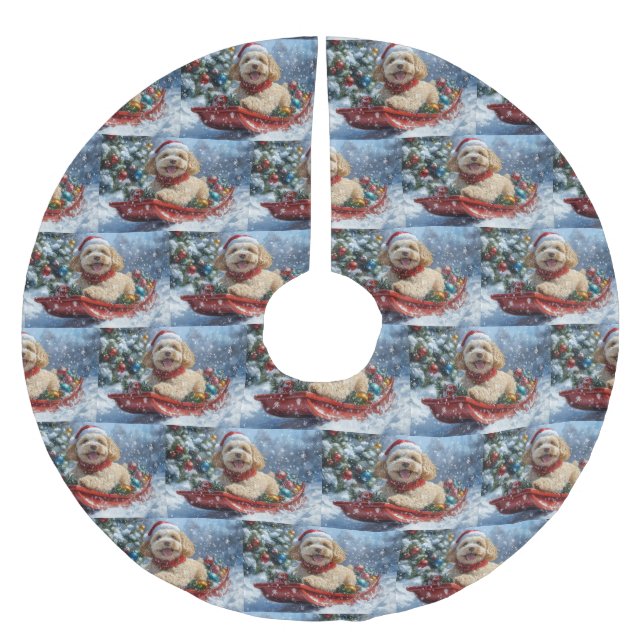 Cockapoo Hund in Sledge Lass es Schnee Weihnachten Polyester Weihnachtsbaumdecke (Vorderseite)