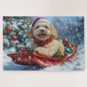 Cockapoo Hund in Sledge Lass es Schnee Weihnachten Puzzle