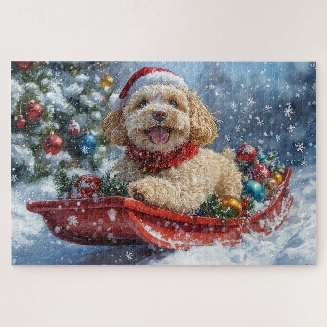 Cockapoo Hund in Sledge Lass es Schnee Weihnachten Puzzle (Horizontal)