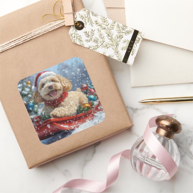 Cockapoo Hund in Sledge Lass es Schnee Weihnachten Quadratischer Aufkleber (Schenken)