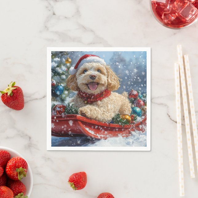 Cockapoo Hund in Sledge Lass es Schnee Weihnachten Serviette (Beispiel)