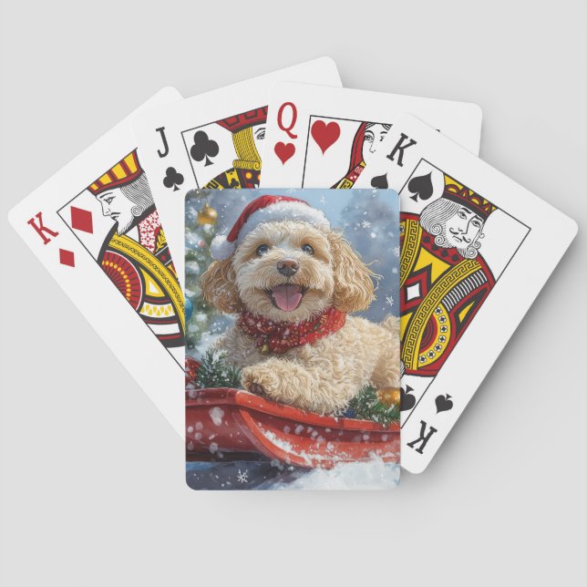 Cockapoo Hund in Sledge Lass es Schnee Weihnachten Spielkarten (Rückseite)