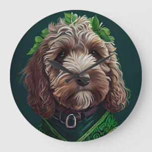 Cockapoo Hund in St. Patrick's Day Dress Große Wanduhr