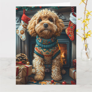 Cockapoo-Hund mit Weihnachtsgeschenken am Kamin Karte