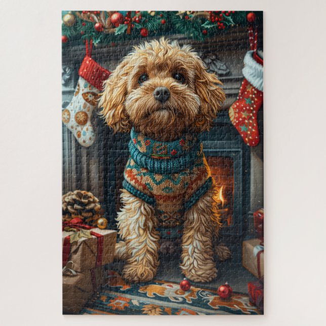 Cockapoo-Hund mit Weihnachtsgeschenken am Kamin Puzzle (Vertikal)