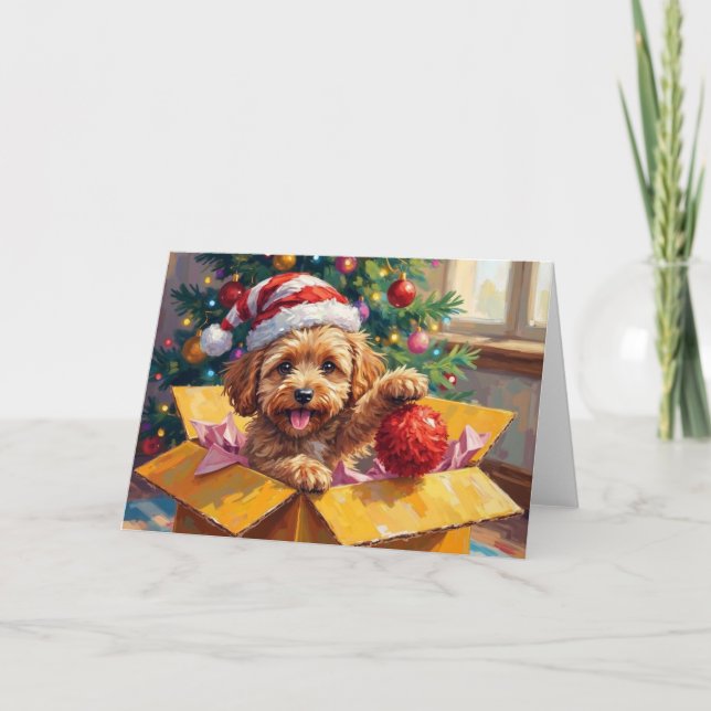 Cockapoo-Hund-Weihnachtsgeschenkbox-Überraschung Karte (Vorderseite)