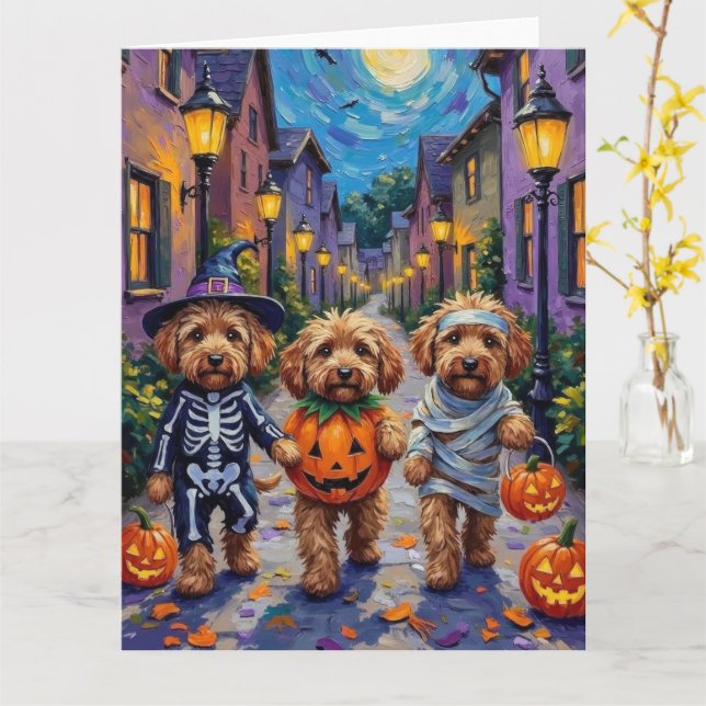 Cockapoo Hunde Trick-oder-Treating Halloween-Kostü Karte (Gelbe Blume)