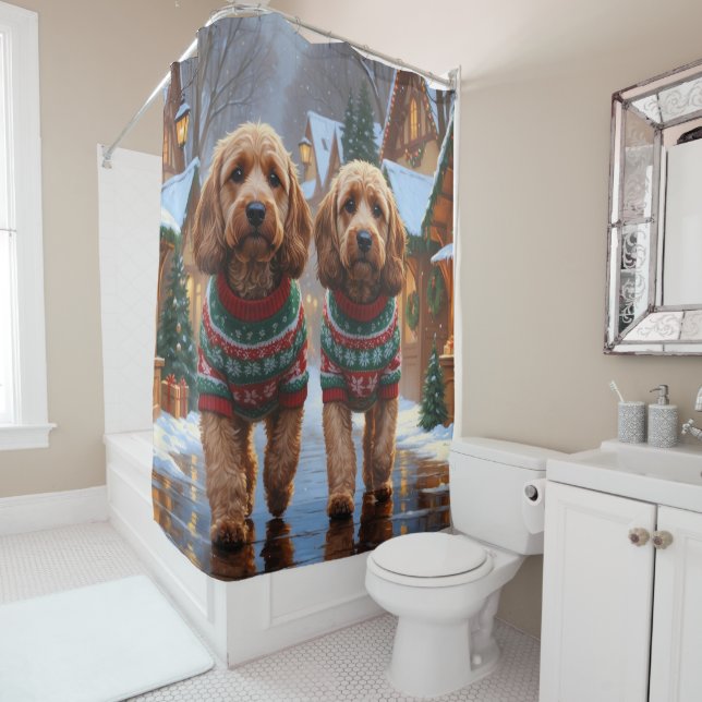 Cockapoo Hunde Weihnachten Schnee Feiertag  Duschvorhang (Beispiel)