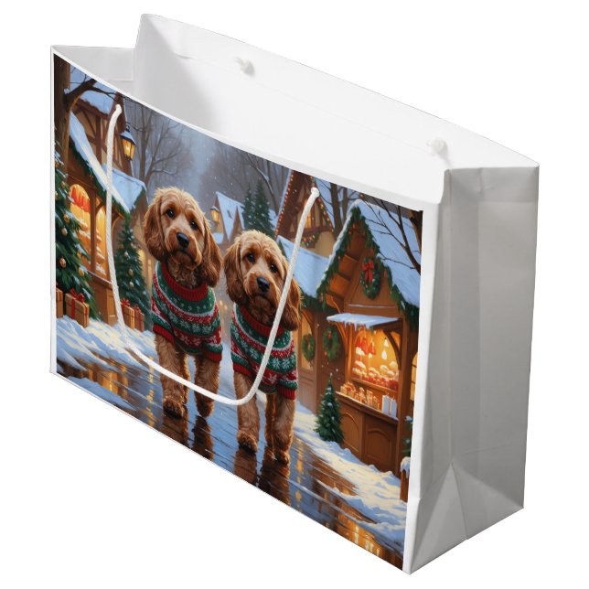 Cockapoo Hunde Weihnachten Schnee Urlaub  Große Geschenktüte (Vorderseite Schrägansicht)