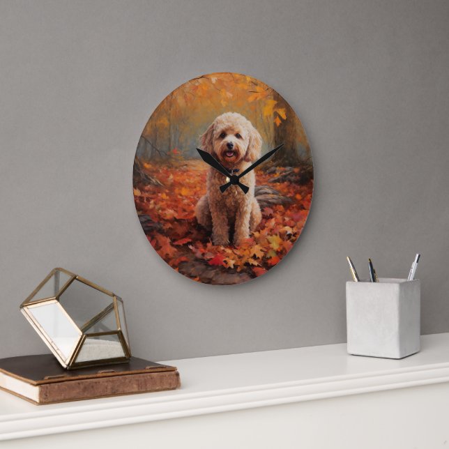 Cockapoo im Herbst Leaves Fall Inspiriert Große Wanduhr (Büro)