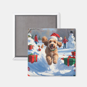 Cockapoo läuft im Schnee mit Weihnachtsmütze Magnet