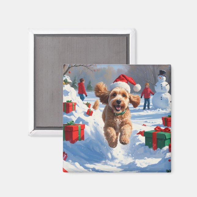 Cockapoo läuft im Schnee mit Weihnachtsmütze Magnet (Vorderseite/Rückseite)