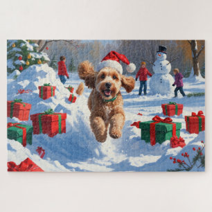Cockapoo läuft im Schnee mit Weihnachtsmütze Puzzle