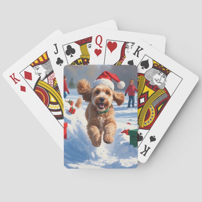 Cockapoo läuft im Schnee mit Weihnachtsmütze Spielkarten (Rückseite)