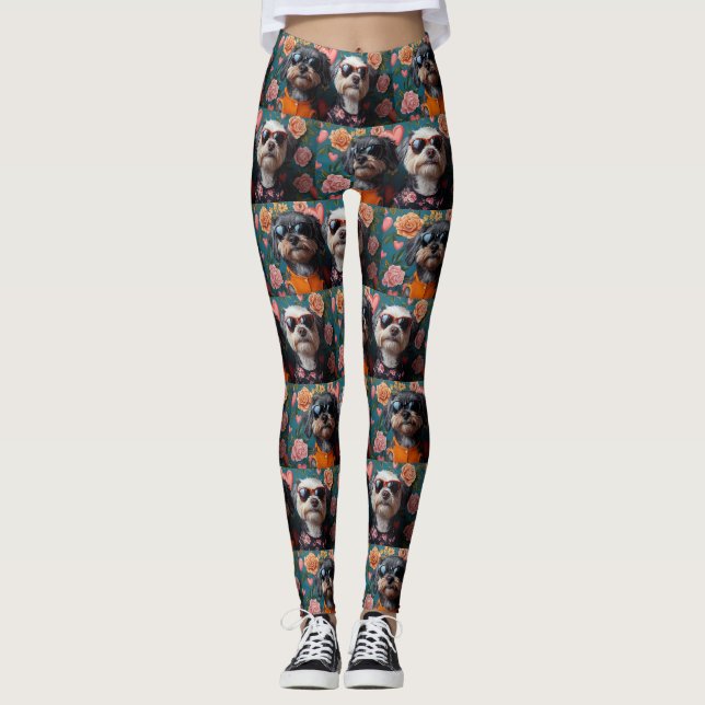 Cockapoo mit Herz-Rose Valentinstag Leggings (Vorderseite)